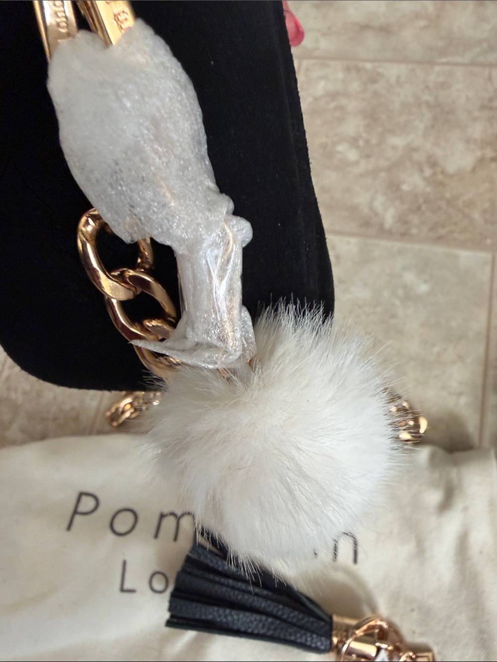 Pom Pom London Black Suede Crossbody with Gold Chain and Pom Charm - Picture 10 of 12